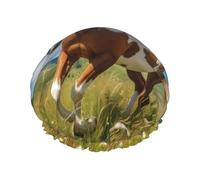 Bonnet de douche imprimé chevaux sur la prairie, réutilisable, spécialement conçu pour les cheveux longs des femmes, structure double couche, adapté pour le bain.