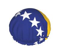 Bonnet de douche imprimé drapeau de la Bosnie-Herzégovine - Double couche respirante, sangle élastique réglable, durable, hôtel voyage essentiel