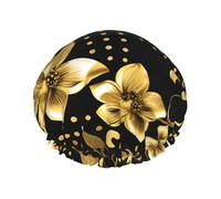 Bonnet de douche imprimé floral noir et doré avec élastique et réutilisable pour cheveux longs et courts, bonnet à double couche