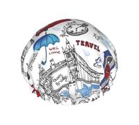 Bonnet de douche imprimé Londres - Double couche respirante, sangle élastique réglable, durable, hôtel voyage essentiel
