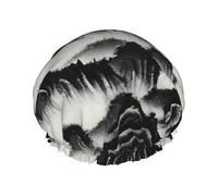 Bonnet de douche imprimé peinture de paysage chinois - Bonnet de bain réutilisable, double couche, sangle élastique réglable, essentiel de voyage durable