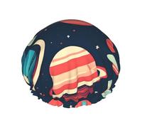 Bonnet de douche imprimé planètes de l'espace - Bonnet de bain réutilisable, double couche, sangle élastique réglable, essentiel de voyage durable