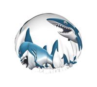 Bonnet de douche imprimé requins pour femme - Double couche - Imperméable - Réutilisable - Élastique - Protection des cheveux - Pour spa, salon, bain