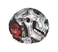 Bonnet de douche imprimé tête de mort floral, bonnet de douche imperméable pour femme, chapeau de douche réutilisable avec bande élastique