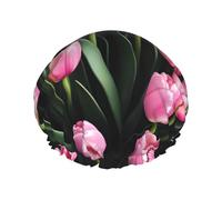 Bonnet de douche imprimé tulipes rouges pour femme, léger, réutilisable, doux, double couche imperméable, étanche.