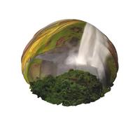 Bonnet de douche Islande avec imprimé cascade, champ de rivière et coucher de soleil pour femme, réutilisable, imperméable, double couche avec sangle élastique, taille unique
