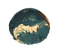 Bonnet de douche japonais vague réutilisable et imperméable pour homme et femme avec bande élastique - Bonnet de bain double couche lavable pour toutes les coiffures - Facile à transporter