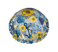 Bonnet de douche jaune à imprimé ancre marguerite pour femme, réutilisable, double couche, bande élastique, bonnet de bain pour cheveux longs pour douche