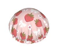 Bonnet de douche - Joli bonnet de douche double couche avec nœud papillon en fraise, réutilisable et résistant à l'eau, grand bonnet de douche pour femme, bonnet de douche avec doublure en PEVA et