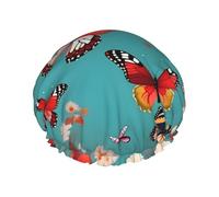 Bonnet de douche L pour homme et femme - Double couche - Motif poule et papillons volants parmi fleurs - Bonnet de bain pour salon de douche et accessoire de voyage