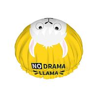 Bonnet de douche Lama Animal mignon alpaga blanc avec mot No Drama Lama Grands bonnets de bain pour femmes hommes filles cheveux longs imperméables réutilisables chapeaux jaune