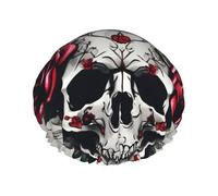Bonnet de douche léger et réutilisable avec imprimé tête de mort et rose rouge pour homme et femme