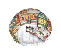 Bonnet de douche magique de village de Noël aquarelle réutilisable et imperméable pour femmes et hommes avec bande élastique - Bonnet de bain double couche lavable pour toutes les coiffures, facile à