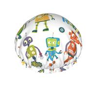 Bonnet de douche mignon imprimé robots de dessin animé pour femme, léger, réutilisable, doux, double couche étanche, étanche.