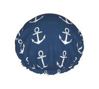 Bonnet de douche minimaliste avec motif ancre blanche pour femme, réutilisable, double couche, bande élastique, bonnets de bain pour cheveux longs pour douche