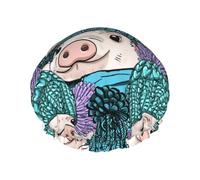 Bonnet de douche moderne mignon cochon double couche réutilisable imperméable grand bonnet de douche pour femme avec doublure en PEVA et corde élastique