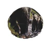 Bonnet de douche Mother Bear and Her Cubs pour femme - Réutilisable et imperméable - Avec sangle élastique - Double couche - Épais - Pour spa, salon, voyage