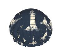 Bonnet de douche motif ancre de phare pour femme, réutilisable, double couche, bande élastique, bonnet de bain pour cheveux longs pour douche