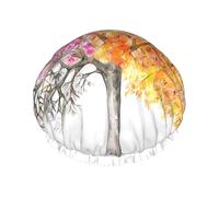Bonnet de douche motif arbre printanier quatre saisons - Réutilisable, double couche, essentiels de voyage pour hôtel, salon, taille unique