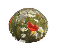 Bonnet de douche motif fleurs de prairie et de marguerites pour femme - Double couche - Bonnet de bain épais réutilisable et imperméable avec bande élastique - Lavable - Pour homme et femme - Spa et