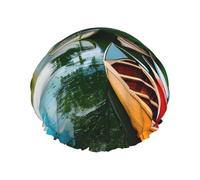 Bonnet de douche motif lac avec bateaux, canoës, parc pour femme, bonnet de bain réutilisable, bonnet de douche respirant, bonnet de douche réglable