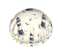 Bonnet de douche motif phare, mouette, ancre, pour femme, réutilisable, double couche, bande élastique, bonnet de bain pour cheveux longs