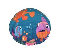Bonnet de douche motif poissons de mer de dessin animé pour femmes et hommes, bonnet de bain réutilisable en tissu double couche pour filles