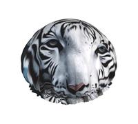 Bonnet de douche motif tigre blanc réutilisable et imperméable pour homme et femme avec bande élastique - Bonnet de bain double couche lavable pour toutes les coiffures - Facile à transporter