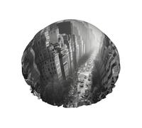 Bonnet de douche New York noir et blanc pour femme, double couche, bonnet de bain épais réutilisable et imperméable avec bande élastique, bonnet de douche lavable pour homme et femme, spa salon