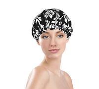 Bonnet de douche noir avec imprimé floral, imperméable, réutilisable, pour cheveux de femme, double couche, élastique