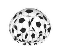 Bonnet de douche noir et blanc imprimé ballon de football pour femme, réutilisable, imperméable, double couche avec sangle élastique, taille unique