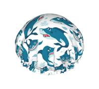 Bonnet de douche pour douche - Dessin animé drôle mignon requin _A grand bonnet de douche réutilisable imperméable double couche pour femme, bonnet de douche pour la douche avec doublure en PEVA et