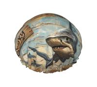 Bonnet de douche pour douche - Grain de bois requin double couche réutilisable résistant à l'eau Grand bonnet de douche pour femme avec doublure en PEVA et corde élastique