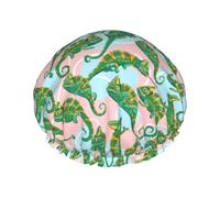 Bonnet de douche pour douche - Joli bonnet de douche double couche vert caméléon lézard réutilisable et imperméable pour femme, grand bonnet de douche pour femme avec doublure en PEVA et corde