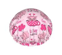 Bonnet de douche pour douche - Joli cochon avec tasse à thé ballon double couche réutilisable, grand bonnet de douche pour femme, bonnet de douche pour douche avec doublure en PEVA et corde élastique