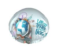 Bonnet de douche pour douche - Let's go Travel Around the World Bonnet de douche double couche réutilisable, grand bonnet de douche pour femme, bonnet de douche pour douche avec doublure en PEVA et