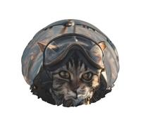Bonnet de douche pour douche - Motif chat pilote dans un avion vintage double couche réutilisable résistant à l'eau, grand bonnet de douche pour femme avec doublure en PEVA et corde élastique