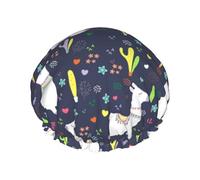 Bonnet de douche pour douche - Motif dessin animé mignon alpaga fleur de cactus grand bonnet de douche réutilisable imperméable double couche pour femme bonnet de douche avec doublure en PEVA et corde