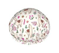 Bonnet de douche pour douche - Motif dessin animé mignon feuille d'alpaga fleur double couche réutilisable imperméable grand bonnet de douche pour femme bonnet de douche avec doublure en PEVA et corde