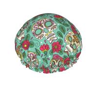 Bonnet de douche pour douche - Motif tête de mort - Grand bonnet de douche réutilisable et imperméable à double couche pour femme, bonnet de douche pour la douche avec doublure en PEVA et corde