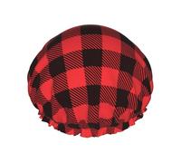 Bonnet de douche pour douche - Noir et rouge à carreaux de buffle double couche réutilisable Grand bonnet de douche pour femme avec doublure en PEVA et corde élastique