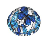 Bonnet de douche pour douche - Papillons bleus et blancs double couche réutilisable, grand bonnet de douche pour femme, bonnet de douche pour douche avec doublure en PEVA et corde élastique