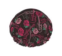 Bonnet de douche pour douche - Rose Rouge Oeillets Fleurs Guitare Double Couche Réutilisable Imperméable Grand Bonnet de douche pour femme Bonnet de douche pour douche avec doublure en PEVA et corde