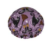 Bonnet de douche pour douche - Style magique avec motif de chat à balai, double couche, réutilisable, imperméable, grand bonnet de douche pour femme, bonnet de douche pour douche avec doublure en PEVA