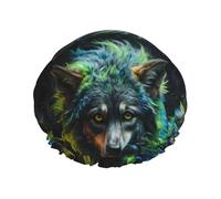 Bonnet de douche pour douche - Style réaliste - Loup coloré - Bonnet de douche double couche réutilisable - Grand bonnet de douche pour femme avec doublure en PEVA et corde élastique