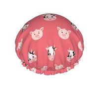 Bonnet de douche pour douche - Tête de cochon mignonne de dessin animé tête de vache grand bonnet de douche réutilisable imperméable double couche pour femme, bonnet de douche pour la douche avec