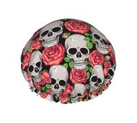 Bonnet de douche pour douche - Tête de mort et roses double couche réutilisable, grand bonnet de douche pour femme avec doublure en PEVA et corde élastique