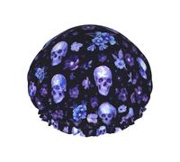 Bonnet de douche pour douche - Tête de mort, fleur, feuille, violet, grand bonnet de douche réutilisable, imperméable, double couche pour femme, bonnet de douche pour douche avec doublure en PEVA et