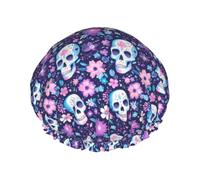 Bonnet de douche pour douche - Tête de mort rose violet fleur double couche réutilisable, grand bonnet de douche pour femme avec doublure en PEVA et corde élastique