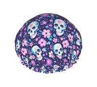 Bonnet de douche pour douche - Tête de mort rose violet fleur double couche réutilisable imperméable grand bonnet de douche pour femme avec doublure en PEVA et corde élastique